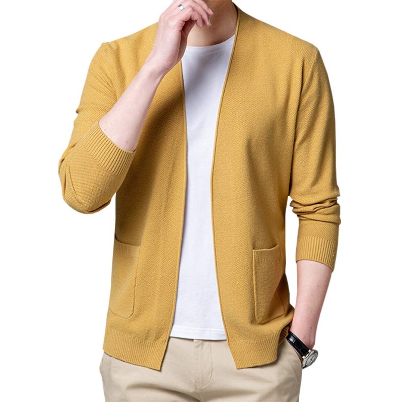 Womleys Mens Casual Open Front Long Sleeve Cotton Cardigan Sweater (A-Yellow, X-Small) - Image 2